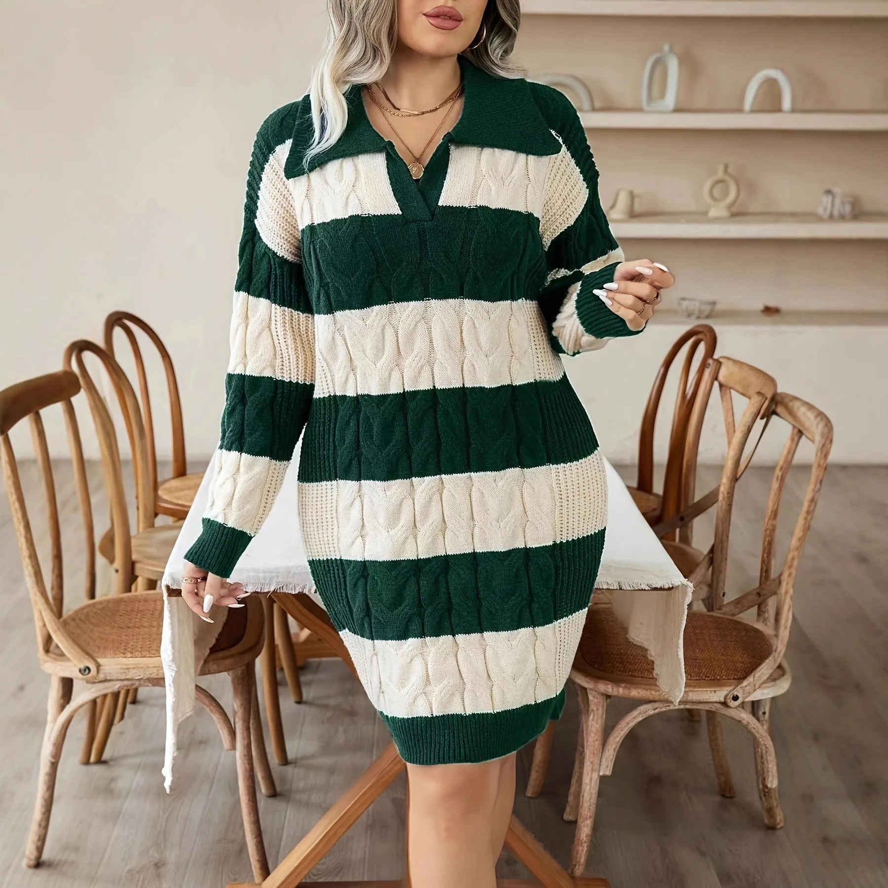 Women's Large Size Lapel Contrasting Pullover Striped Sweater Oversize Striped Knitted Soft Warm V-neck Long Sleeve Mid-Length
Women's Large Size Lapel Contrasting Pullover Striped Sweater Oversize Striped Knitted Soft Warm V-neck Long Sleeve Mid-Length