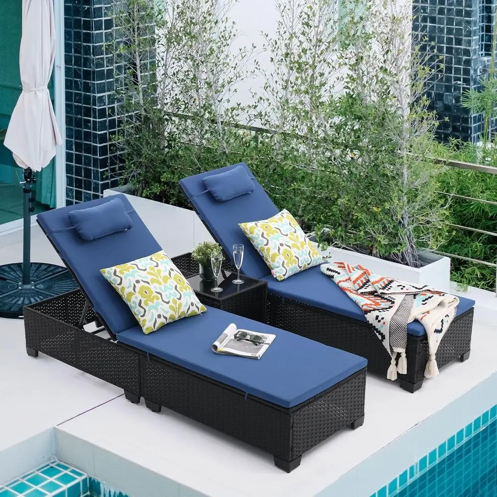 Set of 3 Blue Outdoor PE Wicker Chaise Lounge Chairs with Adjustable Reclining Backrests and Table
Set of 3 Blue Outdoor PE Wicker Chaise Lounge Chairs with Adjustable Reclining Backrests and Table