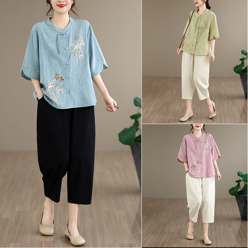 Korean Style Women's Summer New Cotton Linen Embroidered Top Wide Leg Pants Two Piece Set Fashionable plus Size Outfit
Korean Style Women's Summer New Cotton Linen Embroidered Top Wide Leg Pants Two Piece Set Fashionable plus Size Outfit