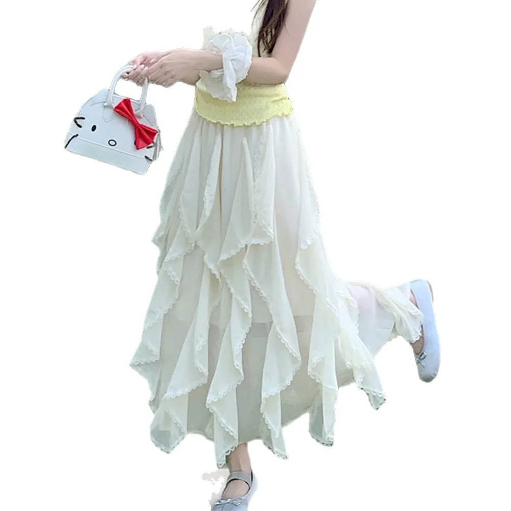 2026 New Women White Chiffon High Waist Irregular Ruffled Layered Lace Long Skirt Elegant Fairy Asymmetrical Sheer Midi Skirts
2026 New Women White Chiffon High Waist Irregular Ruffled Layered Lace Long Skirt Elegant Fairy Asymmetrical Sheer Midi Skirts