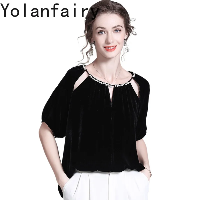 YOLANFAIRY Genuine Mulberry Silk Velvet T Shirts for Woman Autumn 2025 High-end Tee Shirt Femme Hollow Out Women's Tshirt Tops
YOLANFAIRY Genuine Mulberry Silk Velvet T Shirts for Woman Autumn 2025 High-end Tee Shirt Femme Hollow Out Women's Tshirt Tops