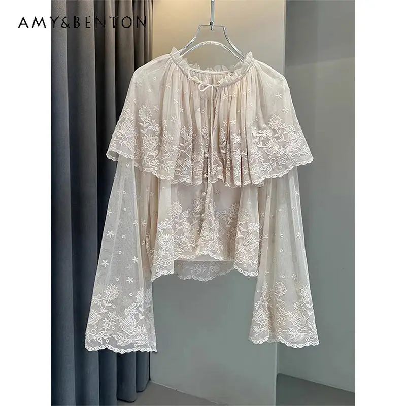 French High-end Women's Clothing 2026 Spring New Vintage Embroidered Ruffle Lace-up Loose Temperament Long-sleeve Shirt Ladies
French High-end Women's Clothing 2026 Spring New Vintage Embroidered Ruffle Lace-up Loose Temperament Long-sleeve Shirt Ladies