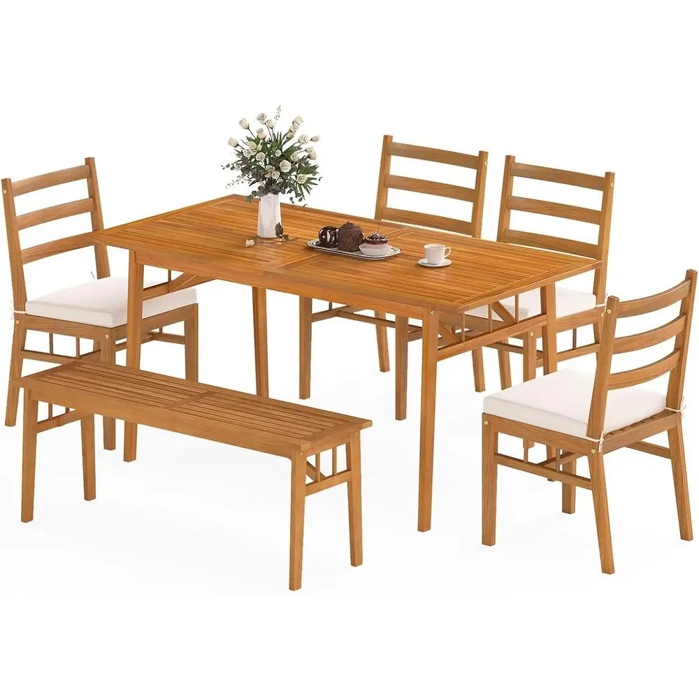 6-Piece Outdoor Acacia Wood Dining Set with Umbrella Hole, Cushioned Chairs, and Bench for Patio, Deck, or Poolside
6-Piece Outdoor Acacia Wood Dining Set with Umbrella Hole, Cushioned Chairs, and Bench for Patio, Deck, or Poolside