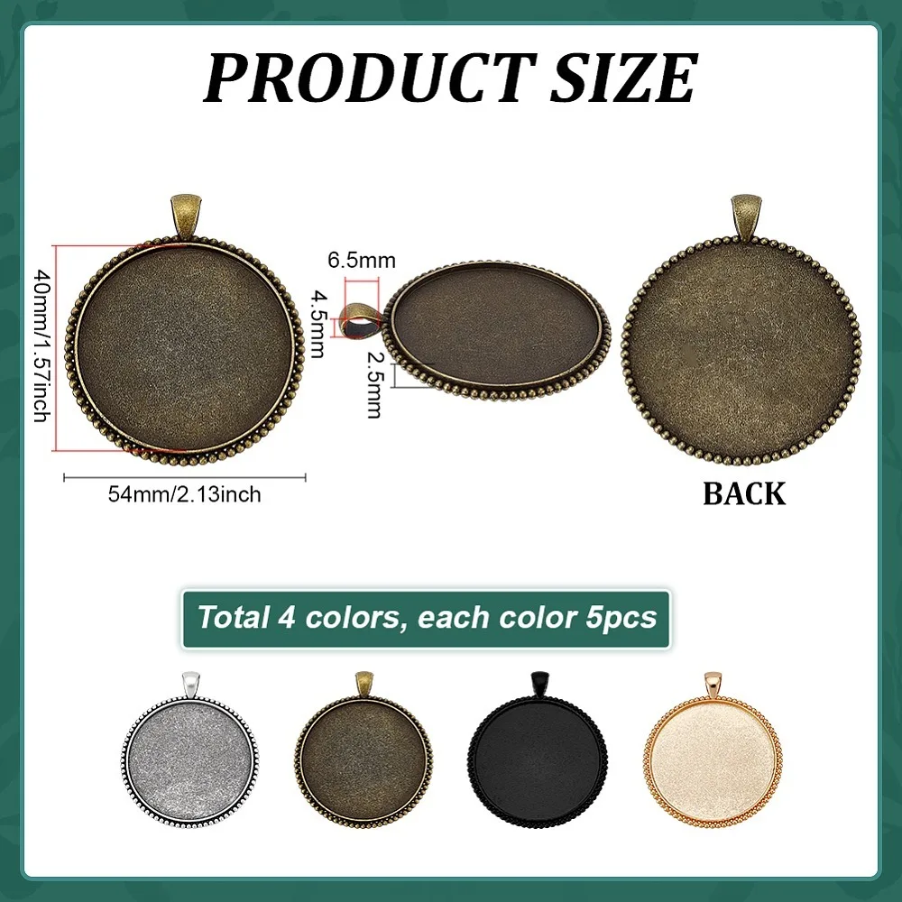 20Pcs 4 Colors Alloy Pendant Cabochon Settings Flat Round Mixed Color Tray: 40mm 54x45.5x2.5mm Hole: 6.5x4.5mm 5pcs/color
20Pcs 4 Colors Alloy Pendant Cabochon Settings Flat Round Mixed Color Tray: 40mm 54x45.5x2.5mm Hole: 6.5x4.5mm 5pcs/color