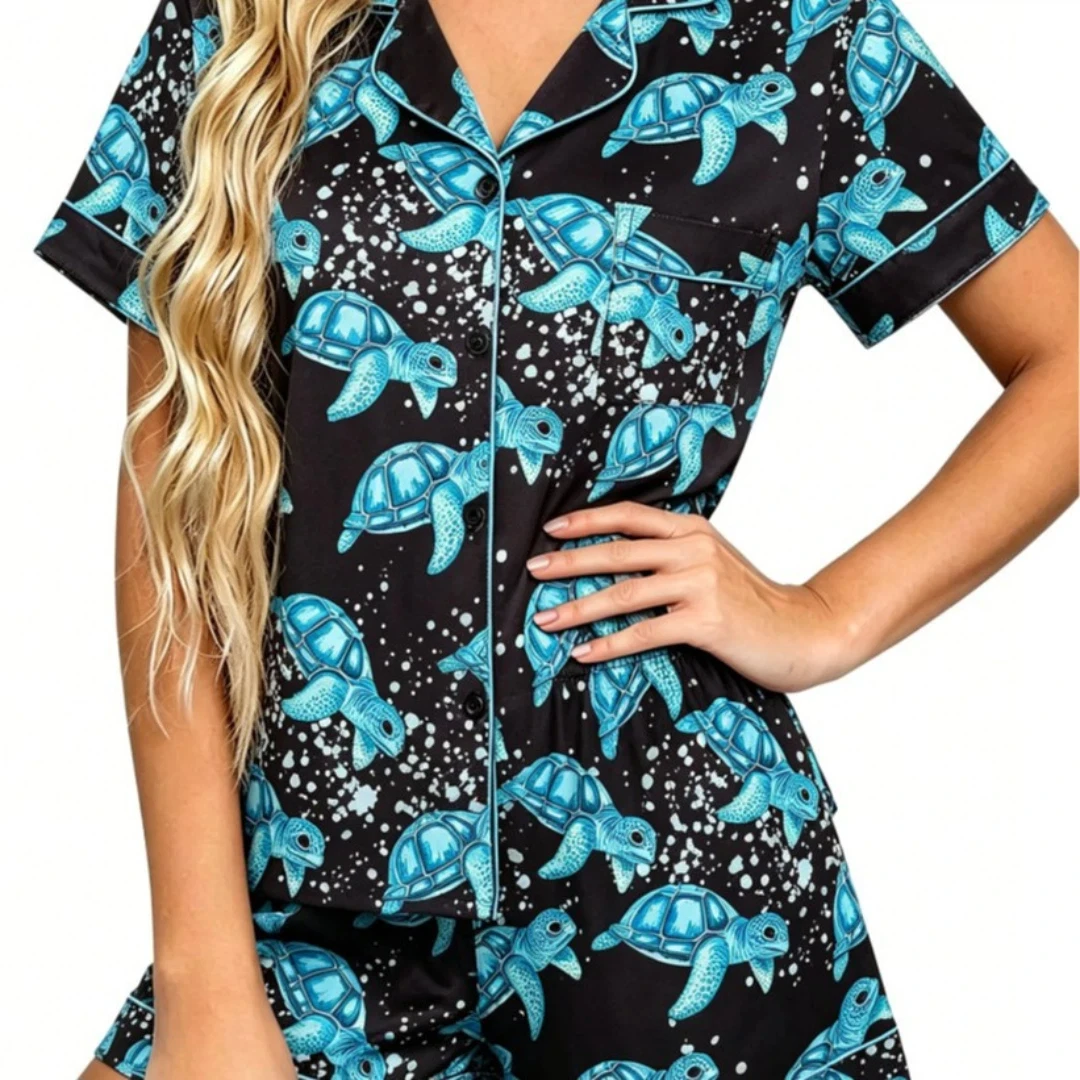 Black Women Pajama Set Animal Themed with Turtle Print Lapel Shorts-sleeved and Shorts Pants Home Wear Gifts
Black Women Pajama Set Animal Themed with Turtle Print Lapel Shorts-sleeved and Shorts Pants Home Wear Gifts