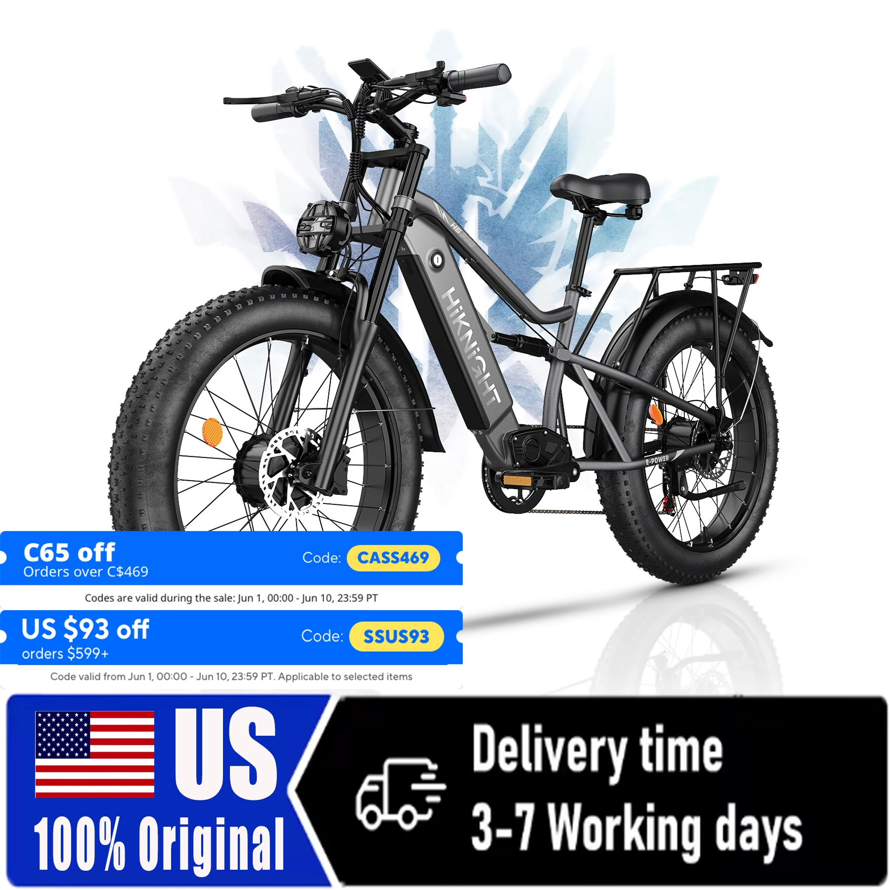 HIKNIGHT H6 PRO Dual motor electric bicycle peak 3000W, thick tire mountain electric bicycle, full suspension.Full Shockingproof Frame
HIKNIGHT H6 PRO Dual motor electric bicycle peak 3000W, thick tire mountain electric bicycle, full suspension.Full Shockingproof Frame
