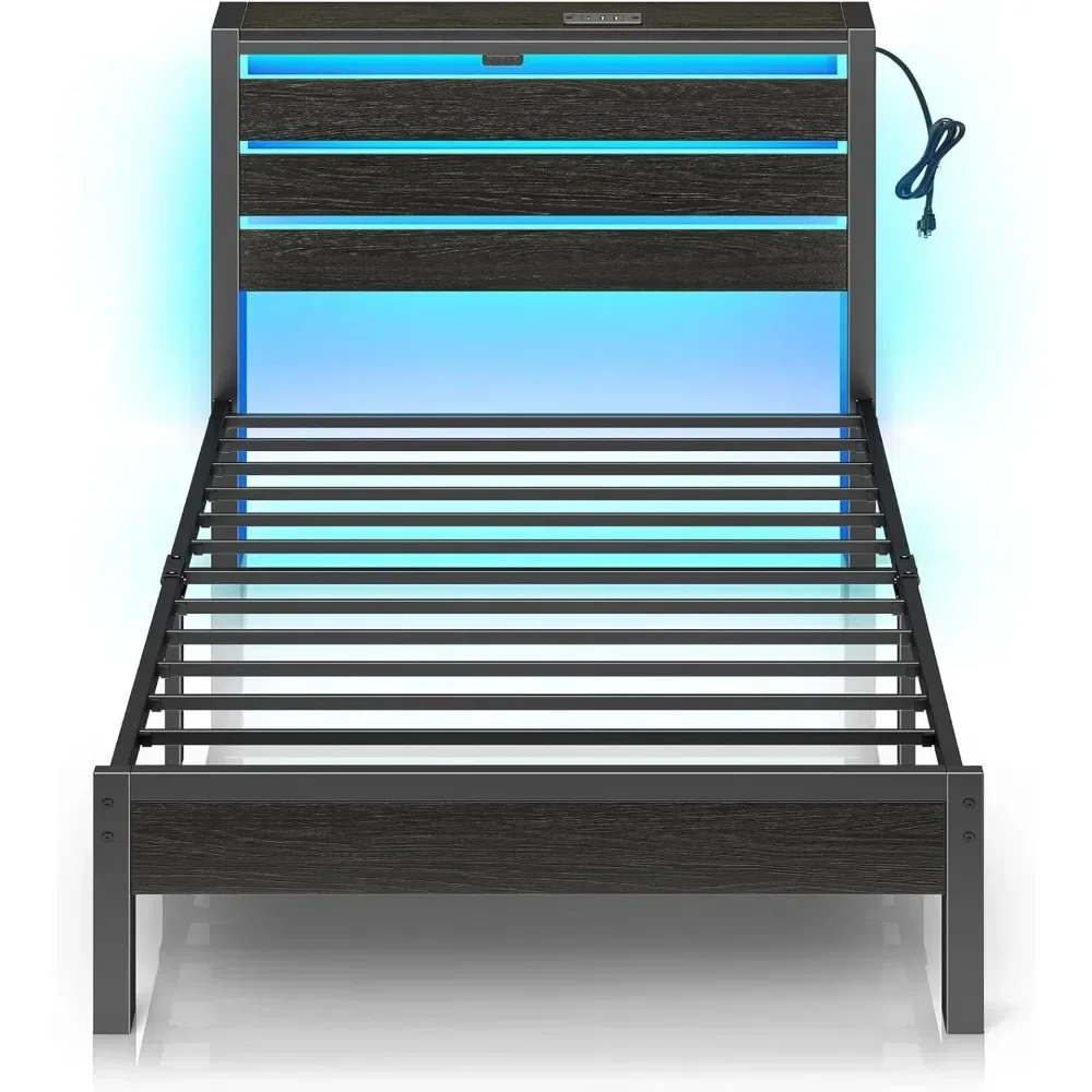 Bed Frame Twin Size with USB Charging Station, LED Bed Frame with Wood Storage Headboard, Black Metal Platform Bed
Bed Frame Twin Size with USB Charging Station, LED Bed Frame with Wood Storage Headboard, Black Metal Platform Bed