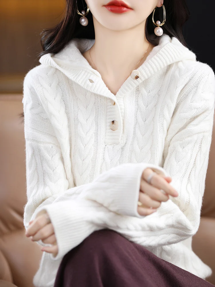 New Women's Button Hoodie Pullover 100% Merino Wool Sweater Simple Casual Style Sweater Autumn Winter Korean Popular Clothing
New Women's Button Hoodie Pullover 100% Merino Wool Sweater Simple Casual Style Sweater Autumn Winter Korean Popular Clothing