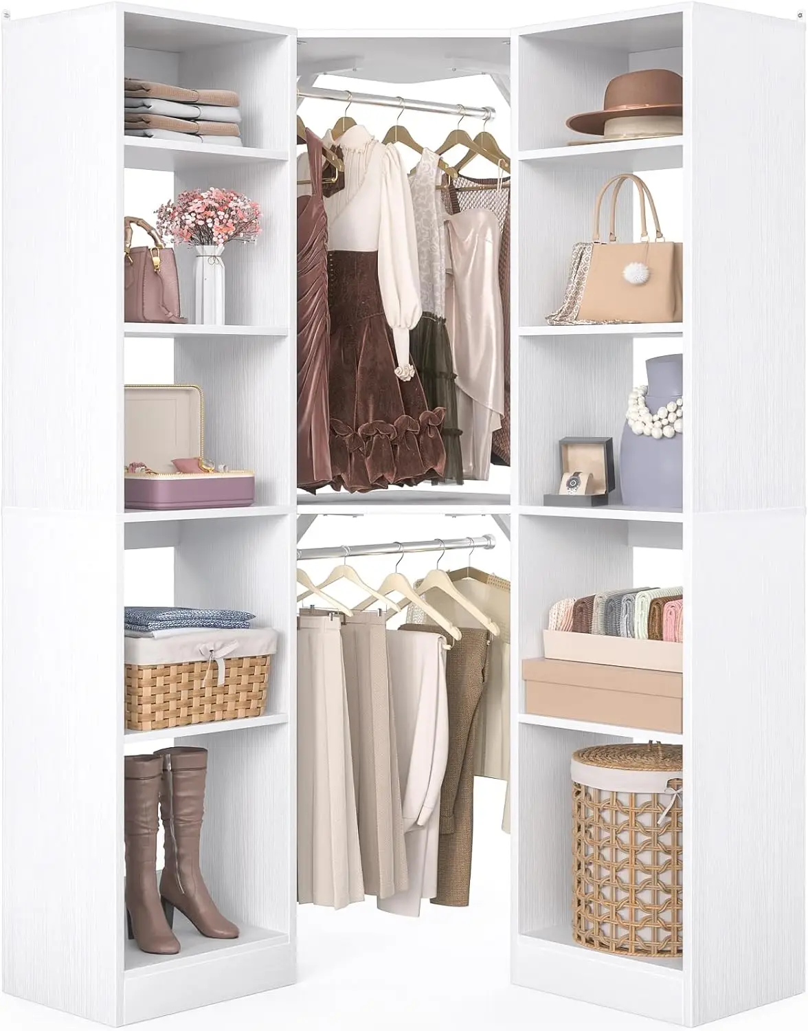 Corner Closet Organizer with 12 Shelves and 2 Rods, White, 39.2' L x 39.2' W x 80' H
Corner Closet Organizer with 12 Shelves and 2 Rods, White, 39.2' L x 39.2' W x 80' H