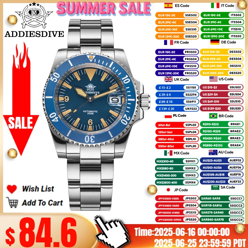 ADDIESDIVE AD2064 TOP Sale Men Watch Sapphire Glass 316L Stainless Steel 200M Diving Date C3 Super Luminous Mechanical Watches
ADDIESDIVE AD2064 TOP Sale Men Watch Sapphire Glass 316L Stainless Steel 200M Diving Date C3 Super Luminous Mechanical Watches