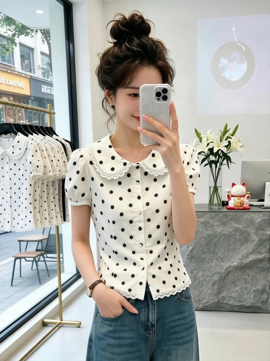 Korean Style Polka Dot Doll Collar Shirt Women Summer New plus Size Sweet Anti Aging Versatile Top Commute Bubble Sleeve Shirt
Korean Style Polka Dot Doll Collar Shirt Women Summer New plus Size Sweet Anti Aging Versatile Top Commute Bubble Sleeve Shirt