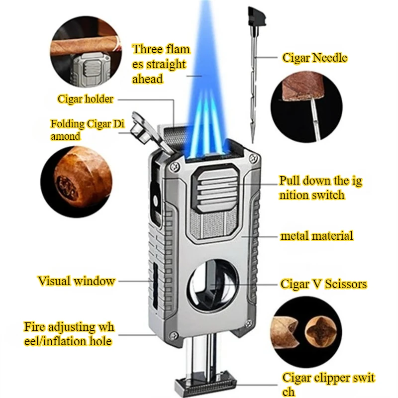 New Five in One Multifunctional Three Straight Flush Cigar Lighter with Built-in V-shaped Cigar Cutting Needle Metal Version
New Five in One Multifunctional Three Straight Flush Cigar Lighter with Built-in V-shaped Cigar Cutting Needle Metal Version