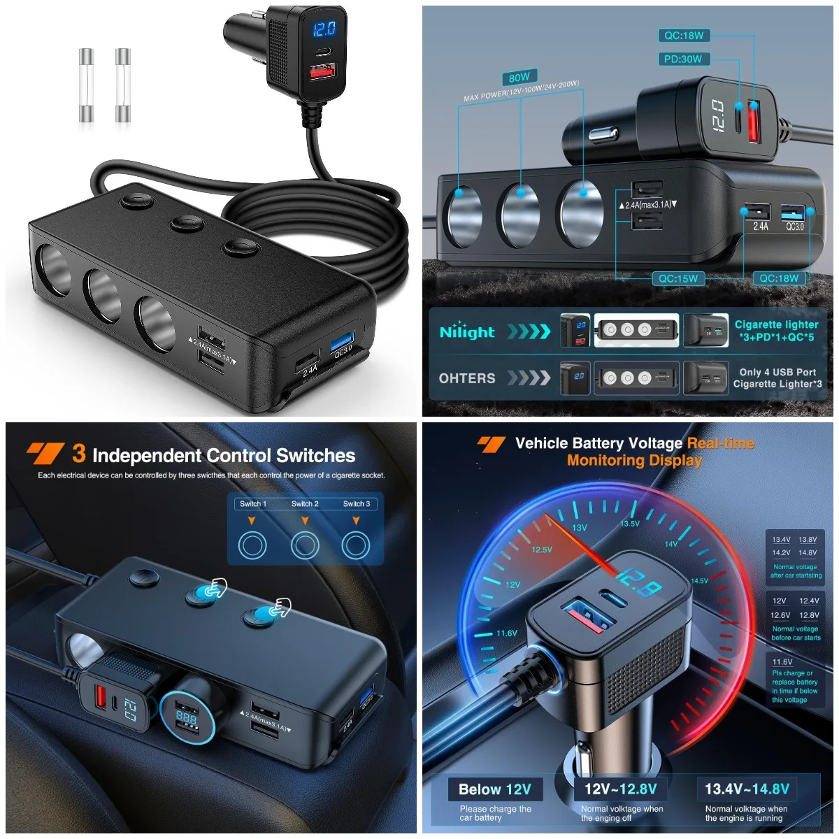 9-in-1 USB Car Charger with QC 3.0, PD, 4 Ports, LED Display, 12V/24V Compatible
9-in-1 USB Car Charger with QC 3.0, PD, 4 Ports, LED Display, 12V/24V Compatible