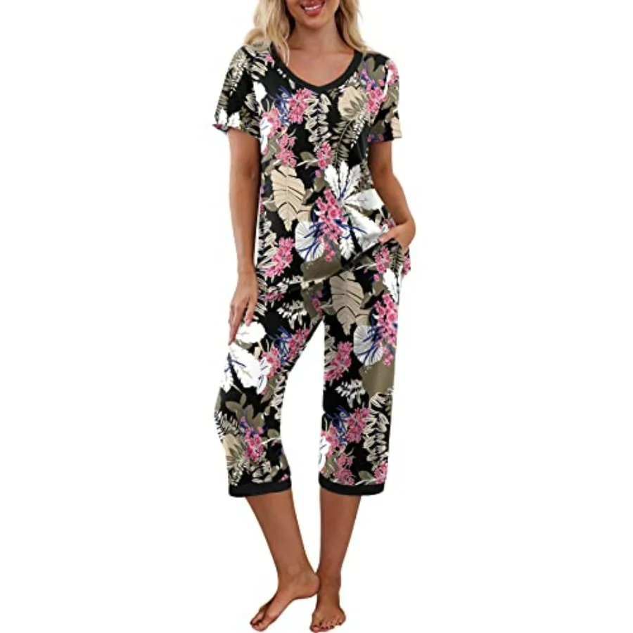 PrinStory Women's Pajama Set Short Sleeve Shirt and Capri Pants Sleepwear Pjs Sets with Pockets
PrinStory Women's Pajama Set Short Sleeve Shirt and Capri Pants Sleepwear Pjs Sets with Pockets