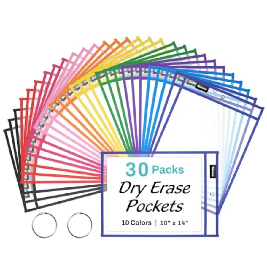 30 Packs Oversized Reusable Dry Erase Pocket Sleeves with 2 Rings, 10 Assorted Colors 10x14 Ticket Holders, Clear Plastic Sheet
30 Packs Oversized Reusable Dry Erase Pocket Sleeves with 2 Rings, 10 Assorted Colors 10x14 Ticket Holders, Clear Plastic Sheet
