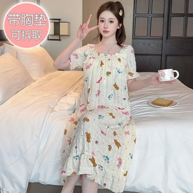 Plus Size Summer Sleepwear Women Chest Pad Nightgown for Outerwear Clound Cotton Mid Length Pajamas Cartoon Sweet Home Dress
Plus Size Summer Sleepwear Women Chest Pad Nightgown for Outerwear Clound Cotton Mid Length Pajamas Cartoon Sweet Home Dress