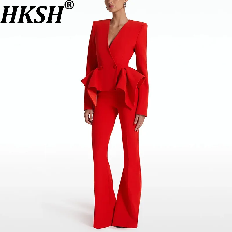 HKSH Spring Autumn New Women Two Pieces Set V-neck Ruffles Hem Slim Fit Jacket Flared Pants Solid Color Office Lady Tide HK12331
HKSH Spring Autumn New Women Two Pieces Set V-neck Ruffles Hem Slim Fit Jacket Flared Pants Solid Color Office Lady Tide HK12331