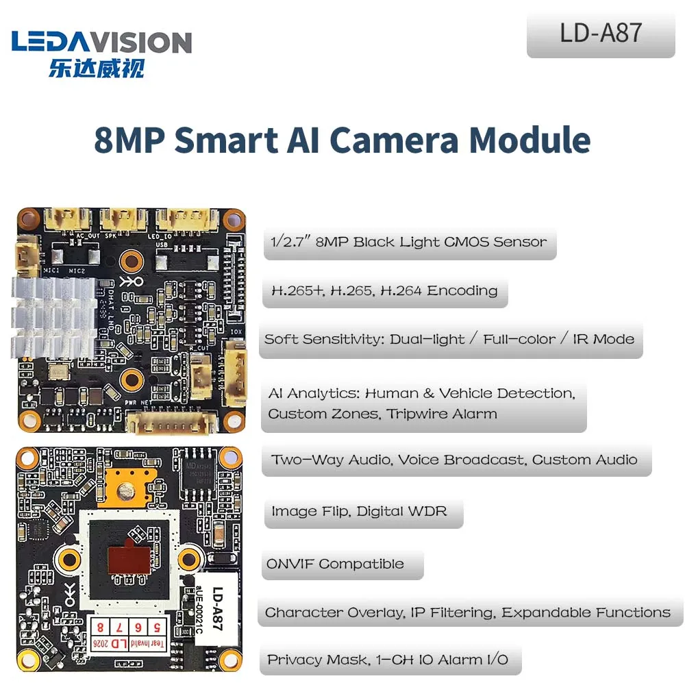8MP AI IP Camera Module Black Light CMOS Dual Light H.265+ IRCUT Two-Way Audio Digital WDR ONVIF Human Vehicle Detection LD-A87
8MP AI IP Camera Module Black Light CMOS Dual Light H.265+ IRCUT Two-Way Audio Digital WDR ONVIF Human Vehicle Detection LD-A87