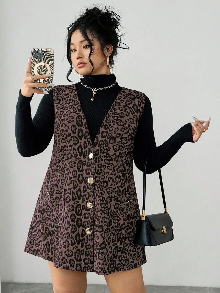 Women V-Neck Sleeveless Leopard Print Dress Autumn Winter Plus Size
Women V-Neck Sleeveless Leopard Print Dress Autumn Winter Plus Size
