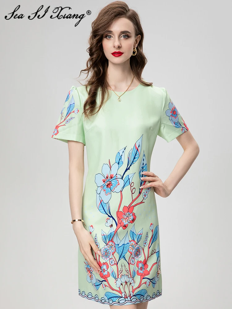 Seasixiang Fashion Designer Summer Dress Women's O-Neck Short Sleeve Beading Flower Print Vintage Mini Dresses
Seasixiang Fashion Designer Summer Dress Women's O-Neck Short Sleeve Beading Flower Print Vintage Mini Dresses