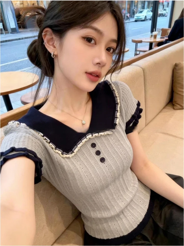 Sweet Girl's Knitted Short Sleeve T-Shirt with Ruffle Collar Summer Gentle Style Versatile Top Matching Pleated Skirt Set for...
Sweet Girl's Knitted Short Sleeve T-Shirt with Ruffle Collar Summer Gentle Style Versatile Top Matching Pleated Skirt Set for...