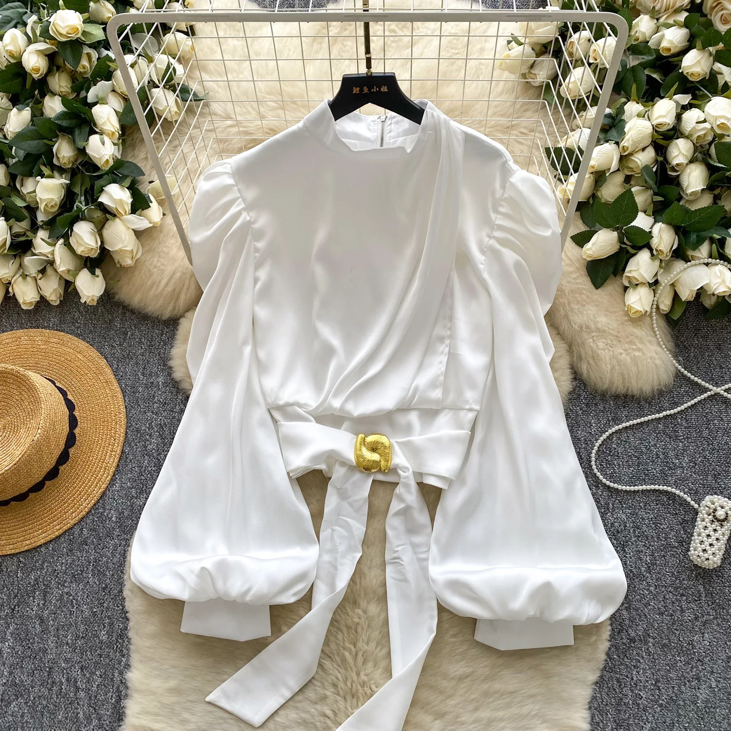 Women Blouse Solid Shirts Short Buckle Lace Up Stand Collar Puff Sleeves Slight Strech Loose Fit Casual Office Lady 2025 Autumn
Women Blouse Solid Shirts Short Buckle Lace Up Stand Collar Puff Sleeves Slight Strech Loose Fit Casual Office Lady 2025 Autumn