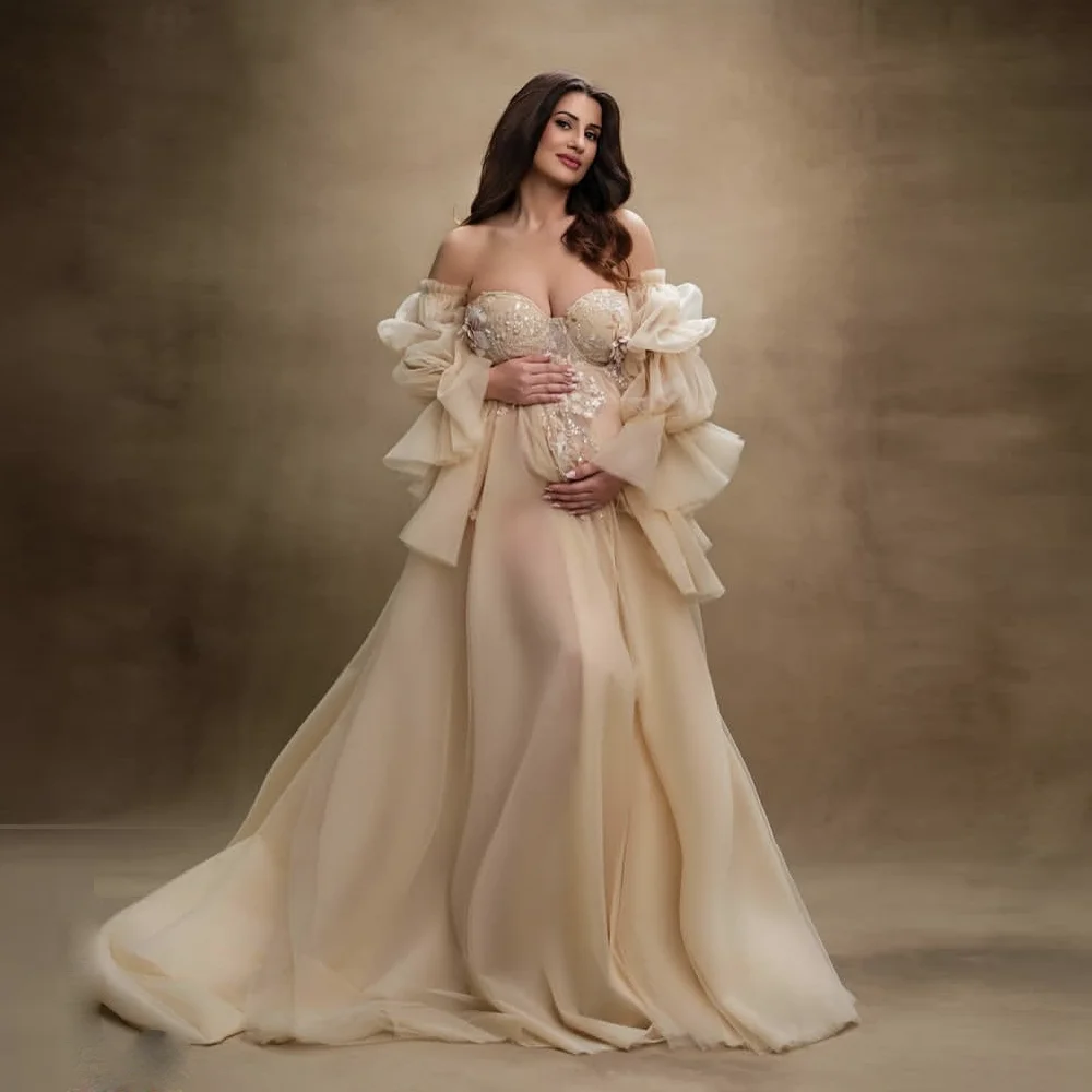 Champagne Off Shoulder Maternity Dress Full Sleeves Tulle Long Pregnant Dresses Elegant Applique Women Party Gowns Corset
Champagne Off Shoulder Maternity Dress Full Sleeves Tulle Long Pregnant Dresses Elegant Applique Women Party Gowns Corset