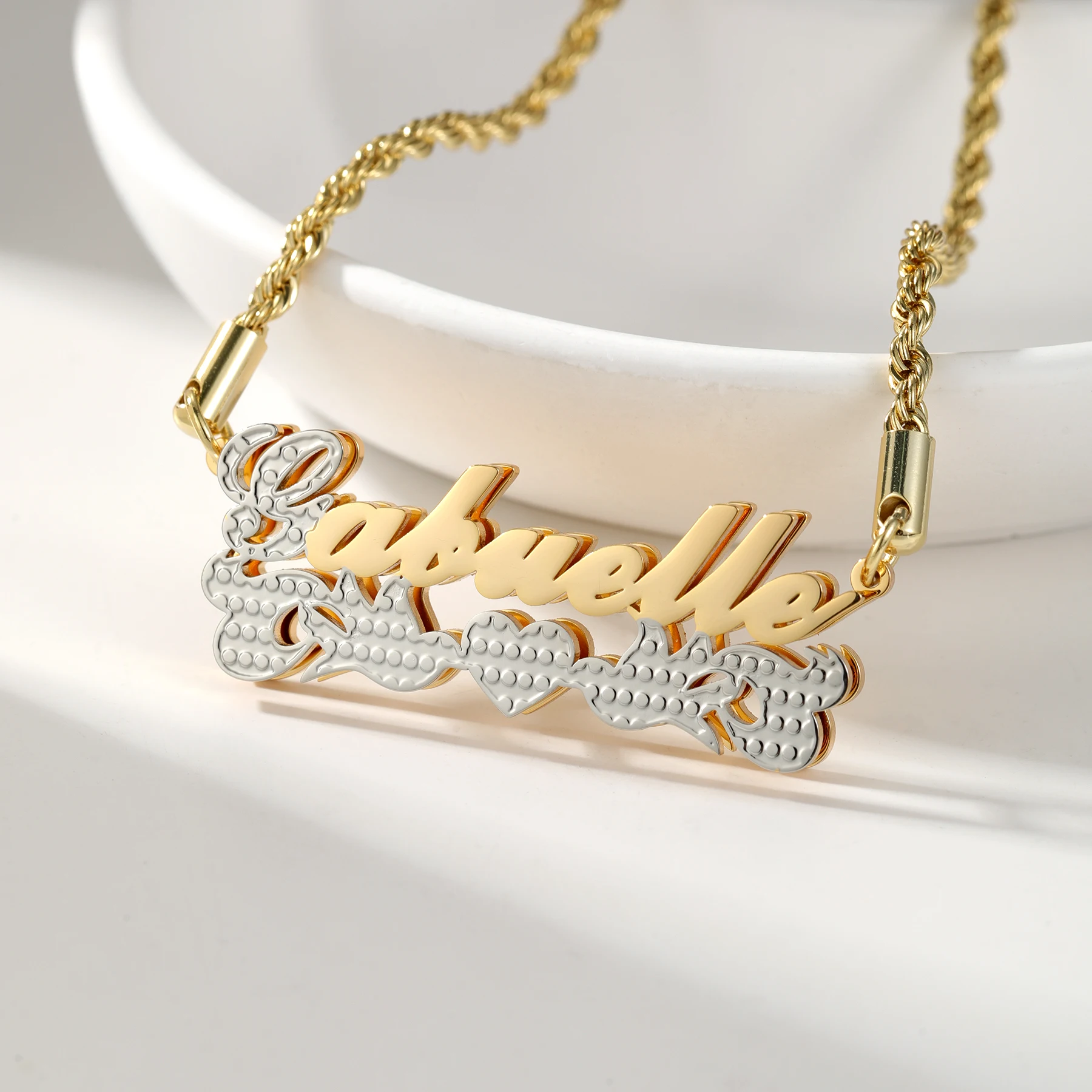 Custom Two Tone Gold Name Necklace Personalized Script Font Pendant With Ornate Pattern Accents Twisted Chain Jewelry Christmas
Custom Two Tone Gold Name Necklace Personalized Script Font Pendant With Ornate Pattern Accents Twisted Chain Jewelry Christmas