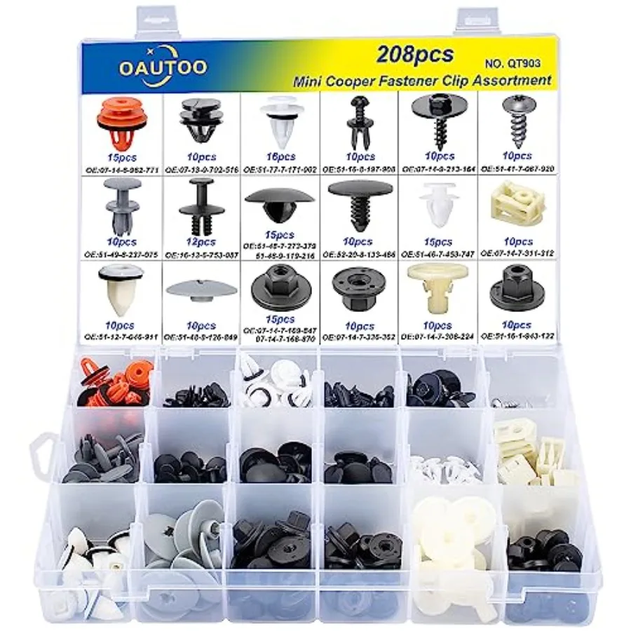 208pcs for Mini Cooper Auto Body Interior and Exterior Retainer Fastener Clip Assortment
208pcs for Mini Cooper Auto Body Interior and Exterior Retainer Fastener Clip Assortment