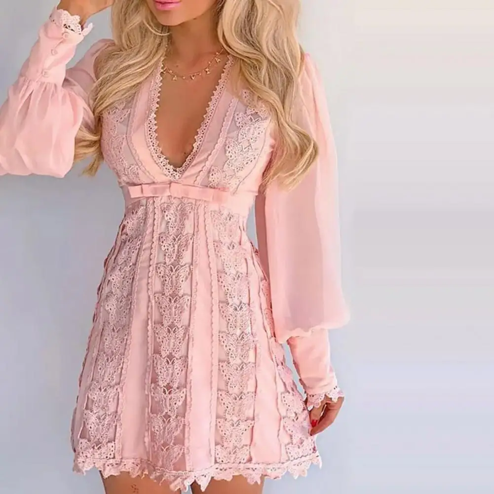 Women Dress Deep V-neck Butterfly Lace Stitching Waist Tight Lantern Sleeve Slim Fit Match Shoes Cotton Blend Solid Color Ladies
Women Dress Deep V-neck Butterfly Lace Stitching Waist Tight Lantern Sleeve Slim Fit Match Shoes Cotton Blend Solid Color Ladies