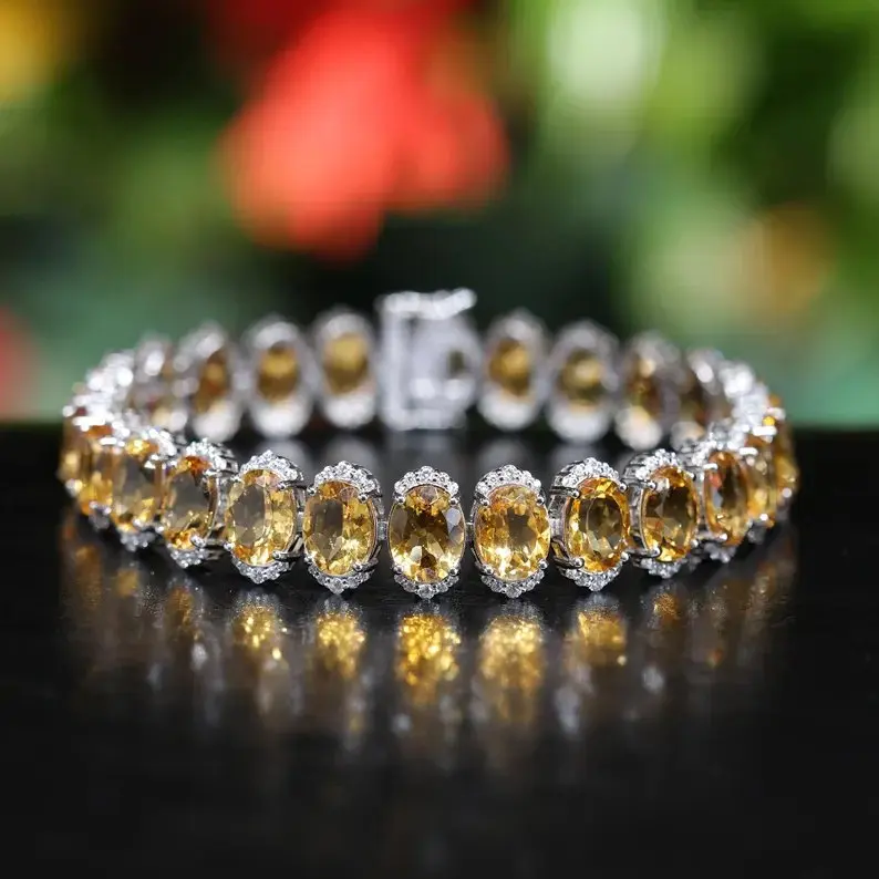 925 Sterling Silver Bracelet with Natural Citrine Classic Tennis Design Stylish, Perfect for Parties or Gifts
925 Sterling Silver Bracelet with Natural Citrine Classic Tennis Design Stylish, Perfect for Parties or Gifts