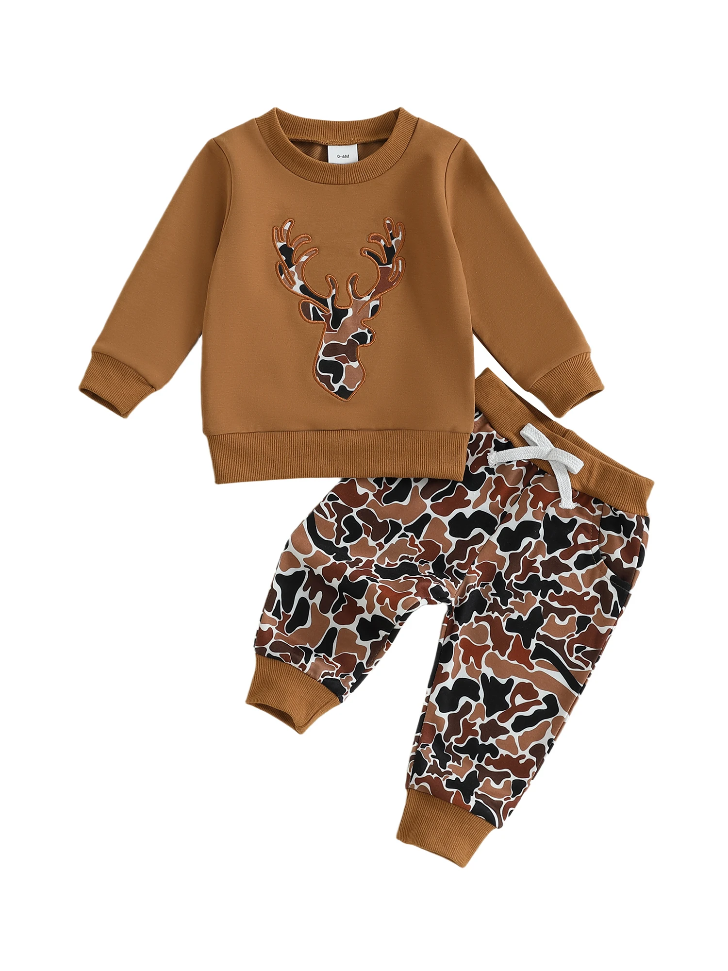 Cute Baby Boy Autumn Outfit Deer Head Embroidered Sweater with Round Neck and Camo Pants with Elastic Waistband
Cute Baby Boy Autumn Outfit Deer Head Embroidered Sweater with Round Neck and Camo Pants with Elastic Waistband