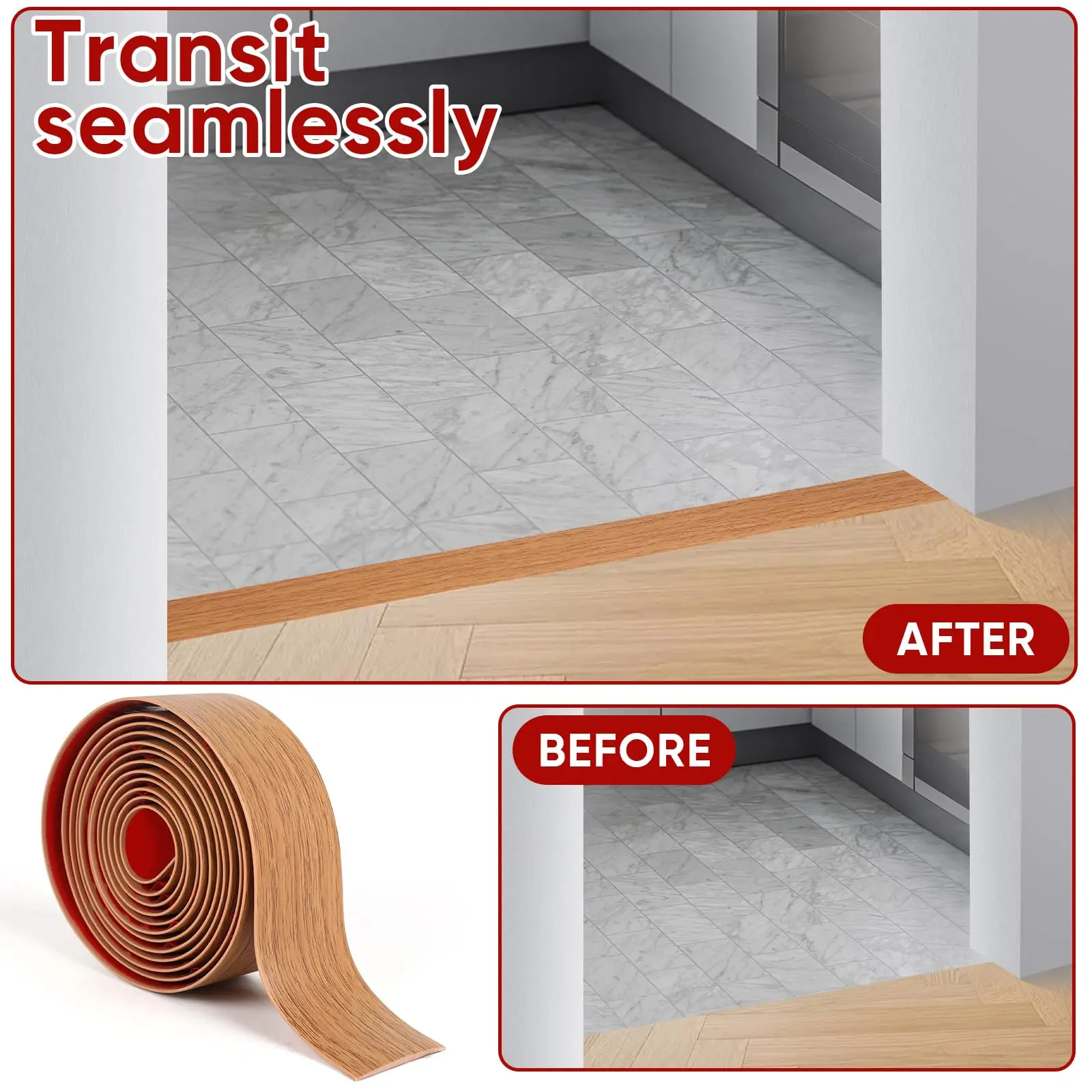 (1.57 inches wide) self-adhesive transition strip with wood grain design, suitable for gaps between floor edges and doorways.
(1.57 inches wide) self-adhesive transition strip with wood grain design, suitable for gaps between floor edges and doorways.
