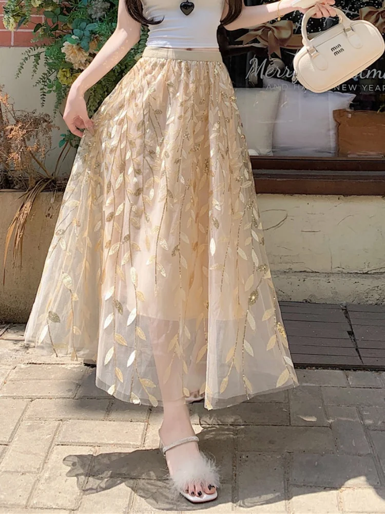 SMTHMA New Fashion Leaf Embroidered Mesh Skirt Women's Elastic High Waist A-Line Long Skirt
SMTHMA New Fashion Leaf Embroidered Mesh Skirt Women's Elastic High Waist A-Line Long Skirt