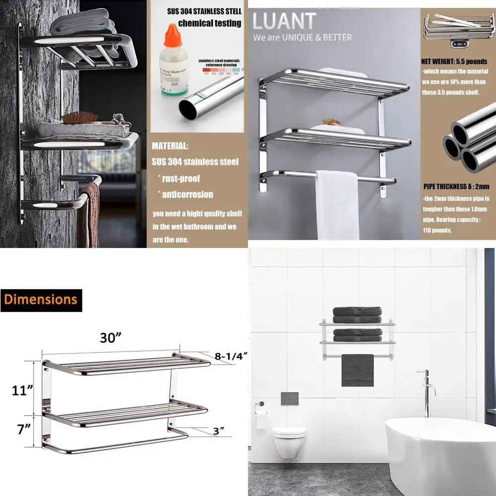 30 Inch 3-Tier Wall-Mounted Bathroom Shelf with Towel Bars, Extended Length
30 Inch 3-Tier Wall-Mounted Bathroom Shelf with Towel Bars, Extended Length