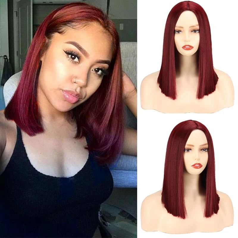 European and American style women's wig, middle-parted, shoulder-length, short straight hair, burgundy color, with bangs, synthe
European and American style women's wig, middle-parted, shoulder-length, short straight hair, burgundy color, with bangs, synthe