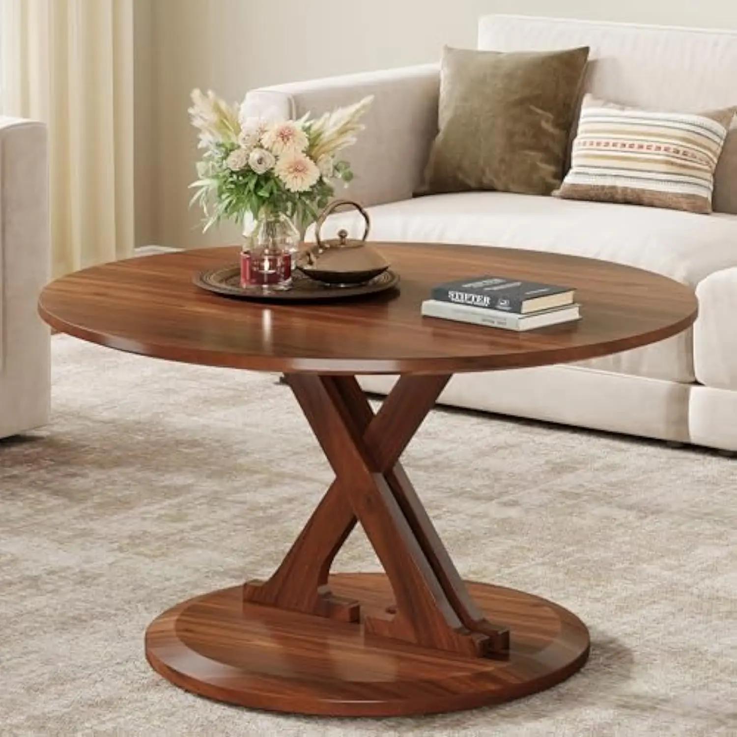 31.5-Inch Round Coffee Table, Mid-Century Modern Coffee Table for Living Room, Low Accent Center Table with X-Shaped Base, Cir
31.5-Inch Round Coffee Table, Mid-Century Modern Coffee Table for Living Room, Low Accent Center Table with X-Shaped Base, Cir