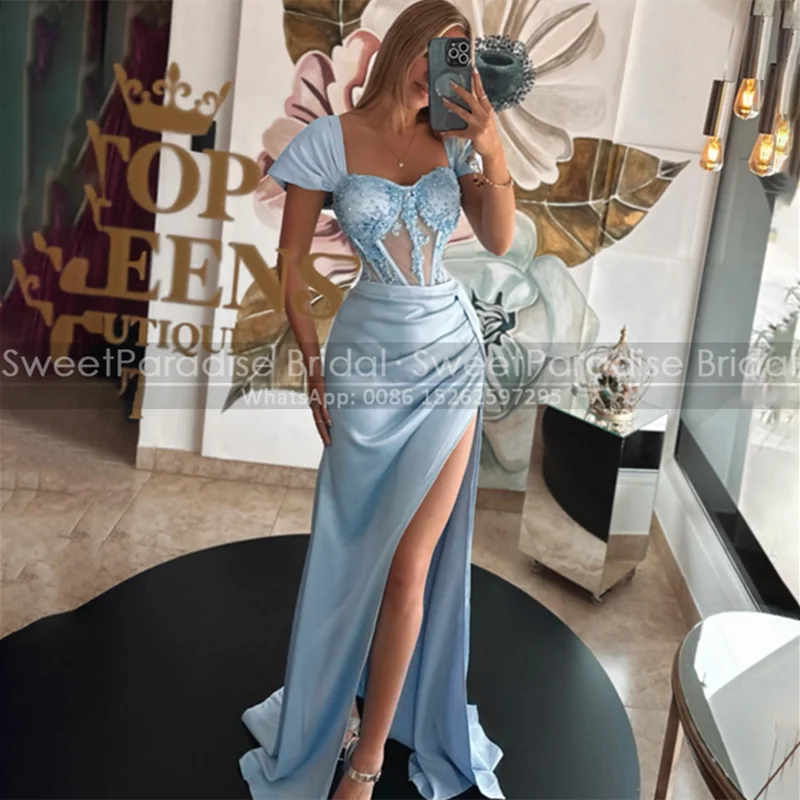 High Slit Mermaid Evening Dress Appliques Square Neck Capped Sleeves Customized Sheer Long Prom Dresses Party
High Slit Mermaid Evening Dress Appliques Square Neck Capped Sleeves Customized Sheer Long Prom Dresses Party