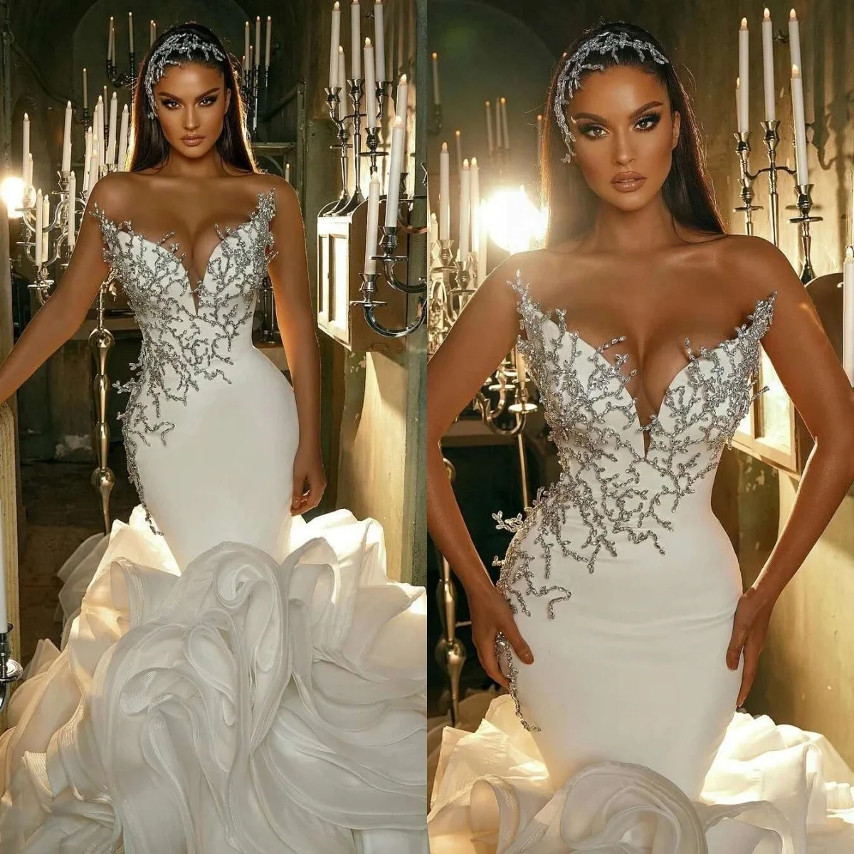 Exquisite Mermaid Wedding Dress Beaded Appliques Strapless Bride Gowns Ruched Ruffles Sweep Train Bridal Dresses Customized
Exquisite Mermaid Wedding Dress Beaded Appliques Strapless Bride Gowns Ruched Ruffles Sweep Train Bridal Dresses Customized