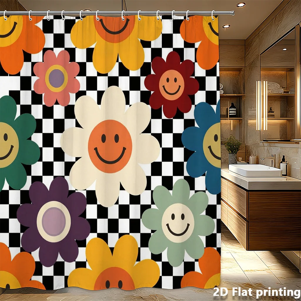 Smiling Flower Shower Curtain – Colorful Blooms on Black & White Checkerboard, 2D Flat Print, Polyester, 71x71 inch
Smiling Flower Shower Curtain – Colorful Blooms on Black & White Checkerboard, 2D Flat Print, Polyester, 71x71 inch