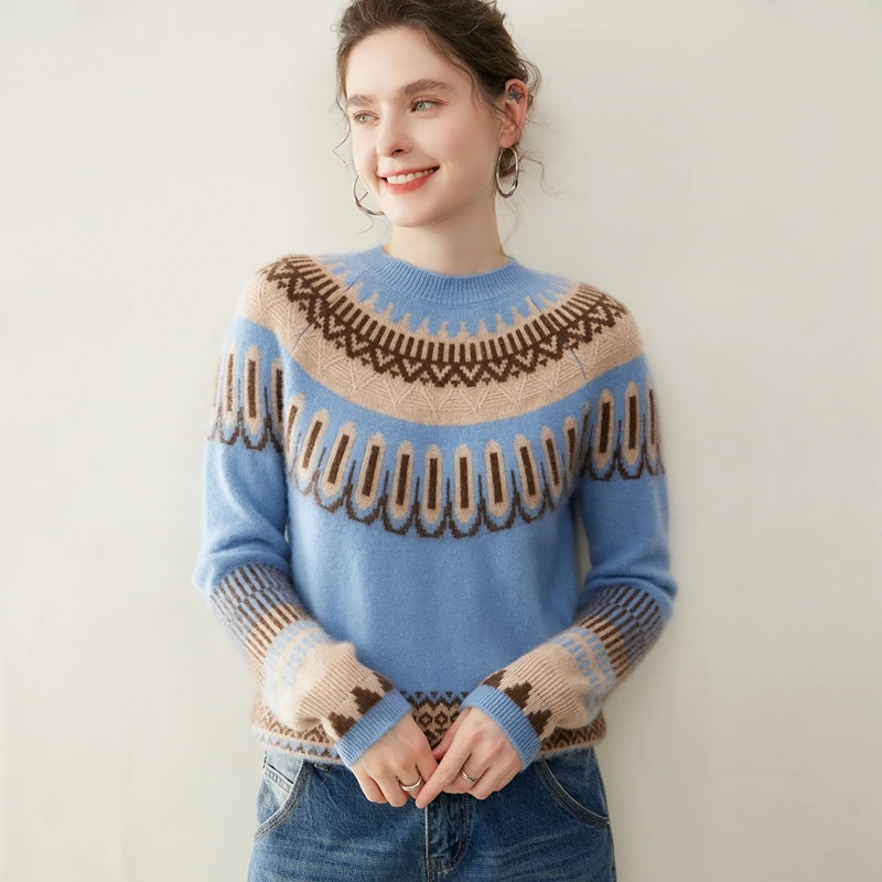 Autumn Winter Women's O-Neck Pullovers Cashmere Sweater Fair Isle Jacquard Vintage 100% Cashmere Knitwear High-end Clothes Top
Autumn Winter Women's O-Neck Pullovers Cashmere Sweater Fair Isle Jacquard Vintage 100% Cashmere Knitwear High-end Clothes Top