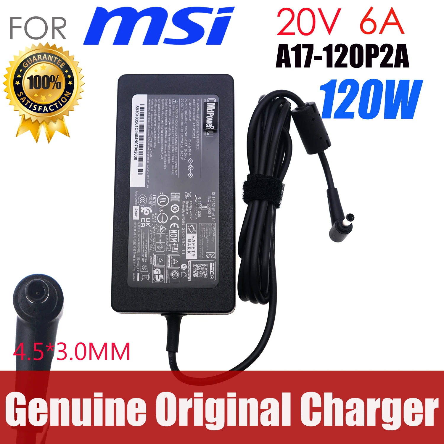 Genuine Chicony AC Power Adapter 20V 6A 120W A17-120P2A A12A055P for MSI GF63 Thin 10SCXR-426UK 11UD-247FR ADP-120VH D Charger
Genuine Chicony AC Power Adapter 20V 6A 120W A17-120P2A A12A055P for MSI GF63 Thin 10SCXR-426UK 11UD-247FR ADP-120VH D Charger