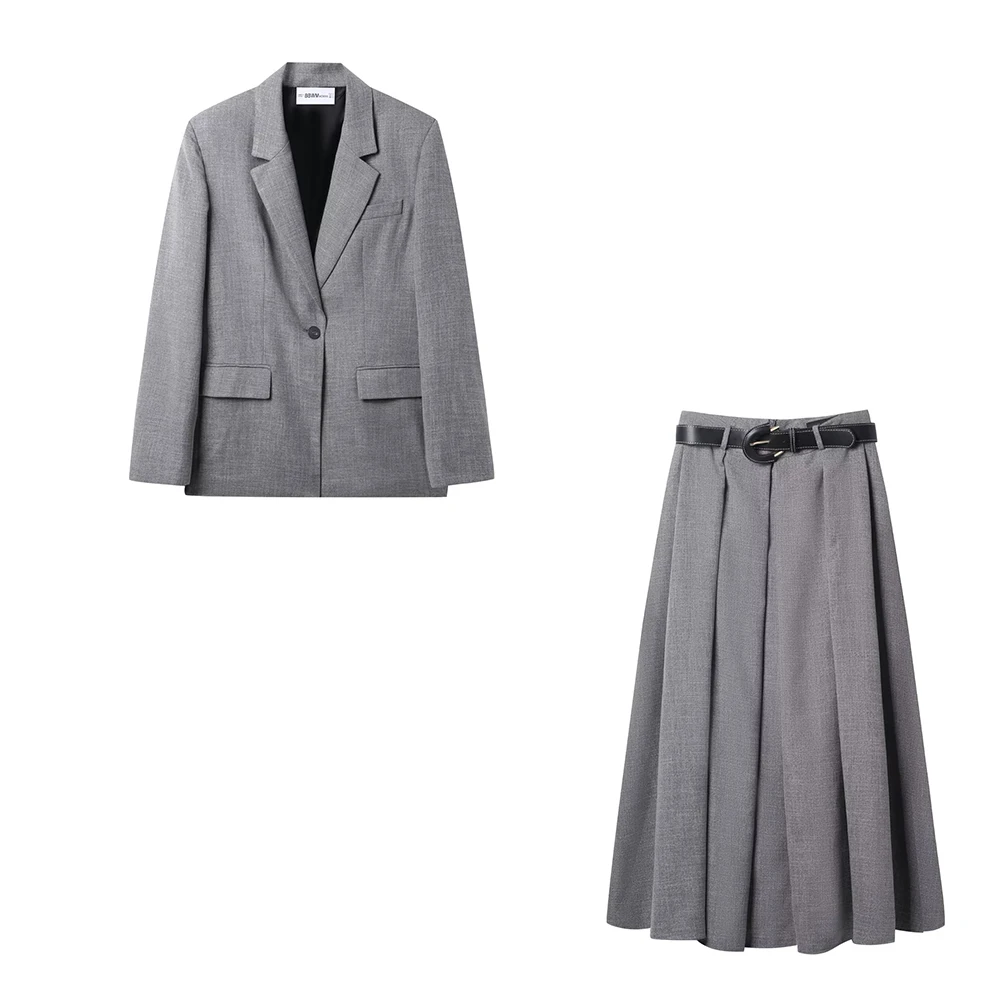 European and American style women's suit jacket with shoulder pads and waist belt, pleated flute skirt set
European and American style women's suit jacket with shoulder pads and waist belt, pleated flute skirt set