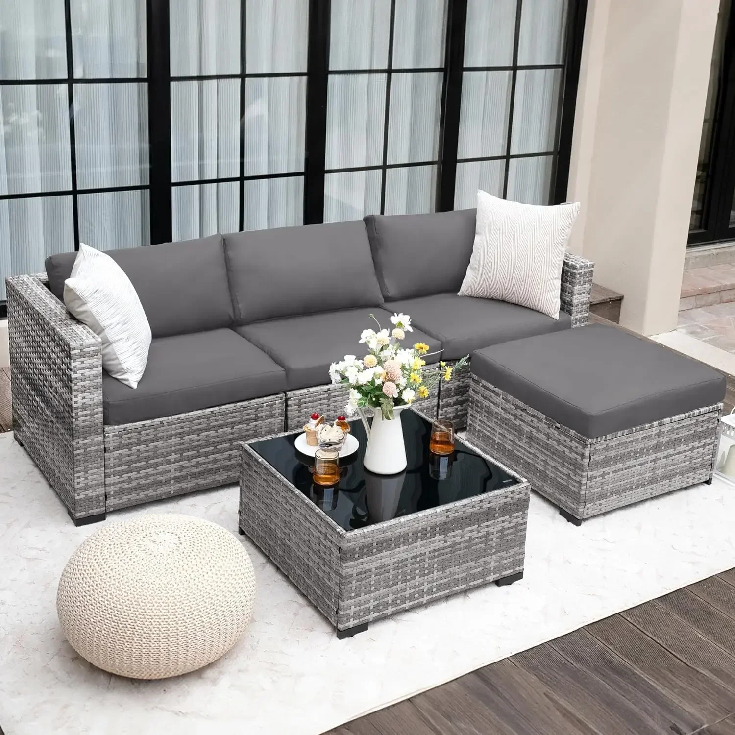 Modular Patio Furniture Set 5pcs Outdoor Sectional Couch w/Glass Coffee Table,L Shaped Wicker Sofa Conversation Set for Backyard
Modular Patio Furniture Set 5pcs Outdoor Sectional Couch w/Glass Coffee Table,L Shaped Wicker Sofa Conversation Set for Backyard