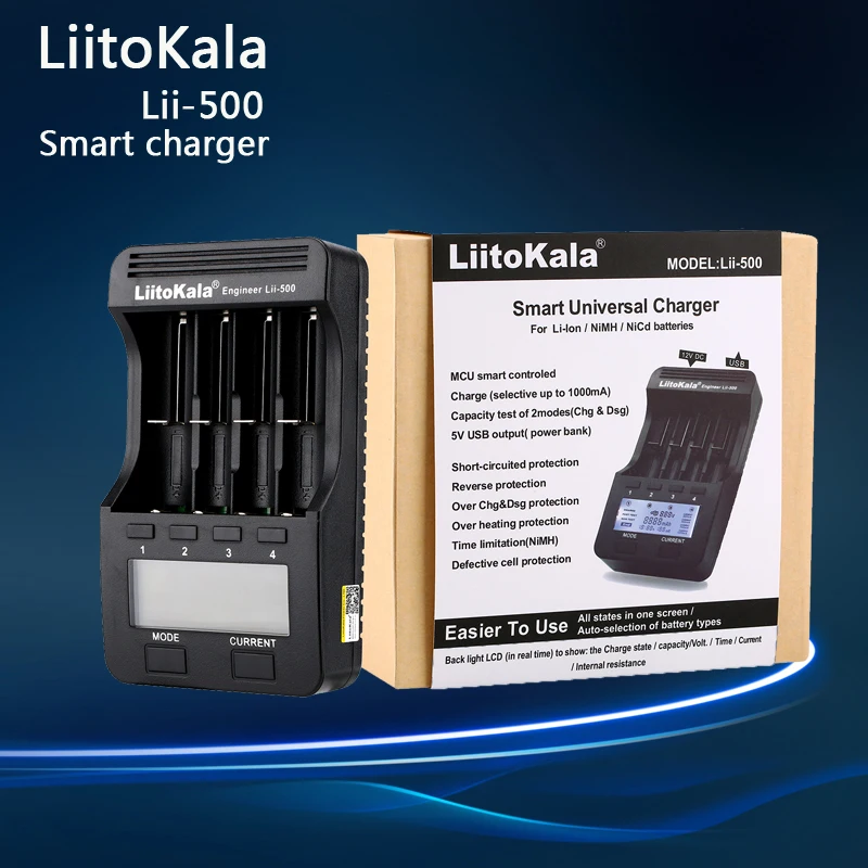 LiitoKala LII-500 Smart Battery Charger with LCD Split Capacity Display for 18650 26650 Li-ion Rechargeable Batteries
LiitoKala LII-500 Smart Battery Charger with LCD Split Capacity Display for 18650 26650 Li-ion Rechargeable Batteries