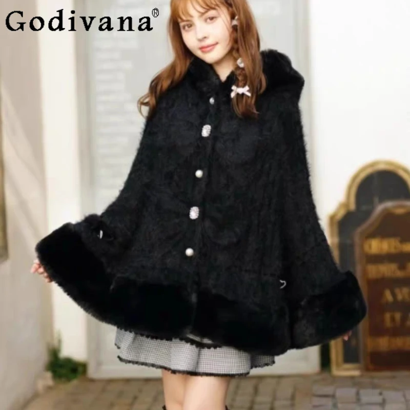 Liz Hooded Cloak Japanese Sweet Cute Bow Plush Warm Thick Knit Jacket Princess Tea Party Lolita Capes Girls Woman's Ponchos
Liz Hooded Cloak Japanese Sweet Cute Bow Plush Warm Thick Knit Jacket Princess Tea Party Lolita Capes Girls Woman's Ponchos