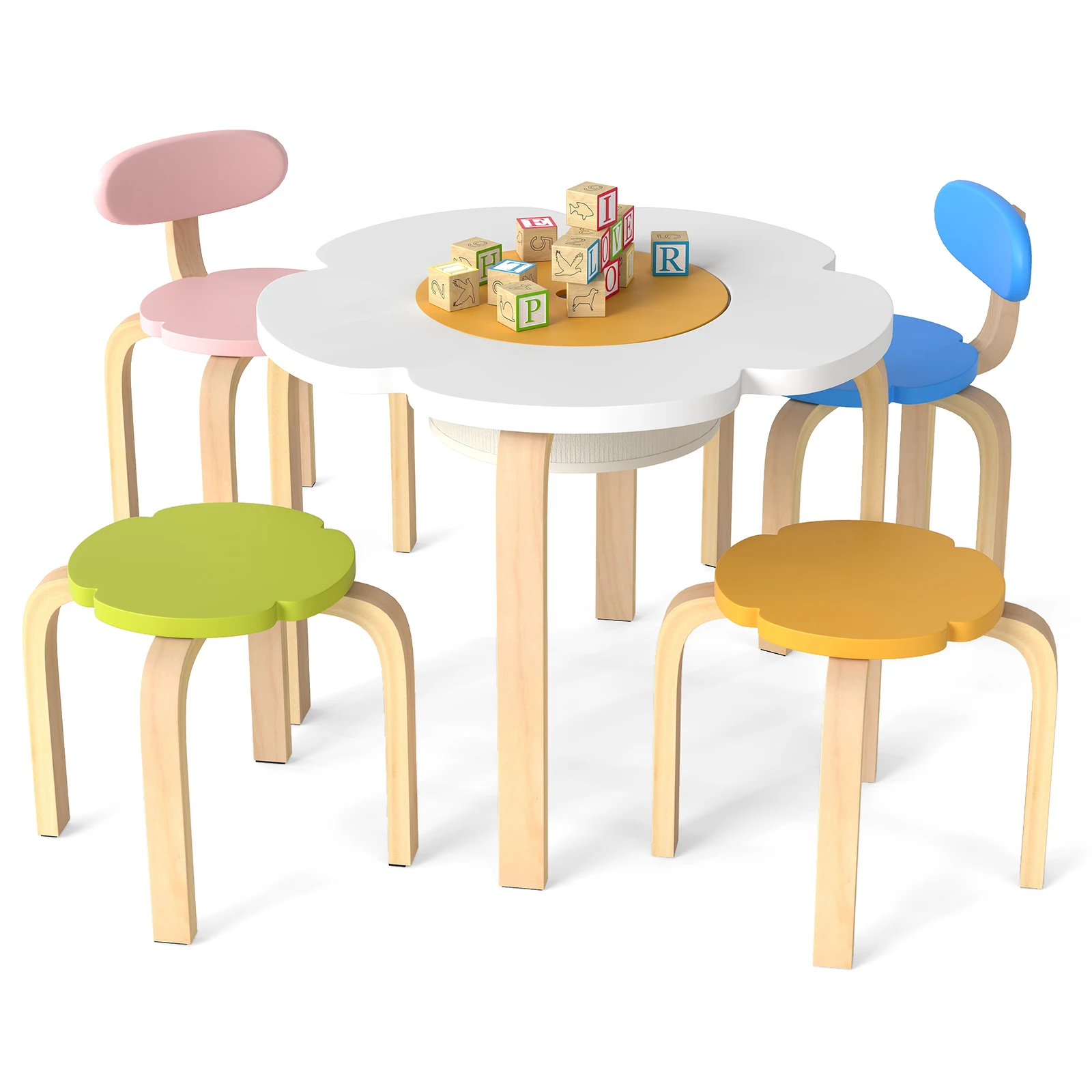 Flower-shaped Children Table Set w/ 2 Colorful Chairs & Stools for Arts & Crafts
Flower-shaped Children Table Set w/ 2 Colorful Chairs & Stools for Arts & Crafts