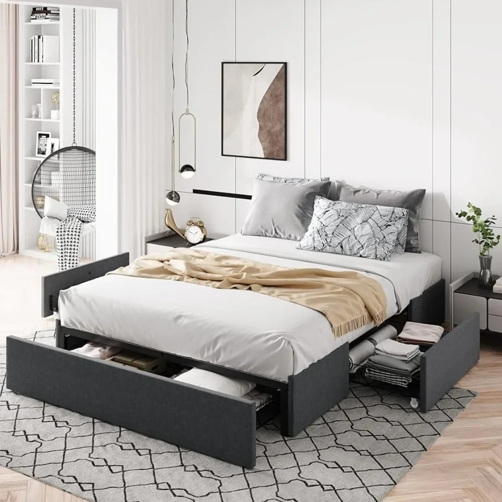 Bedroom furniture: full-size platform bed frame with 3 storage drawers, fabric upholstery, wooden slatted support, dark grey
Bedroom furniture: full-size platform bed frame with 3 storage drawers, fabric upholstery, wooden slatted support, dark grey