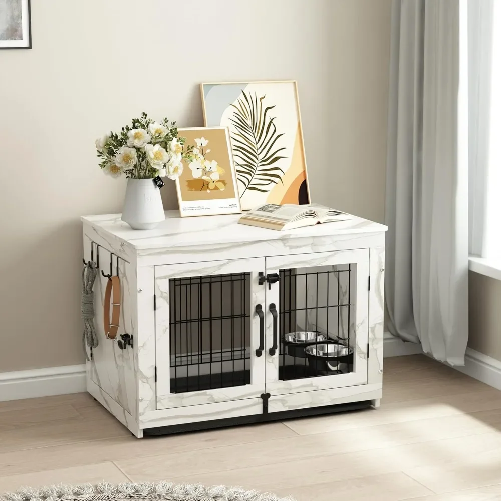 Wooden Dog Crate Furniture with 360°Rotatable Removable Dogs Bowls, Dogs Crate with Tray, Double Doors Doges Kennels for Dog
Wooden Dog Crate Furniture with 360°Rotatable Removable Dogs Bowls, Dogs Crate with Tray, Double Doors Doges Kennels for Dog