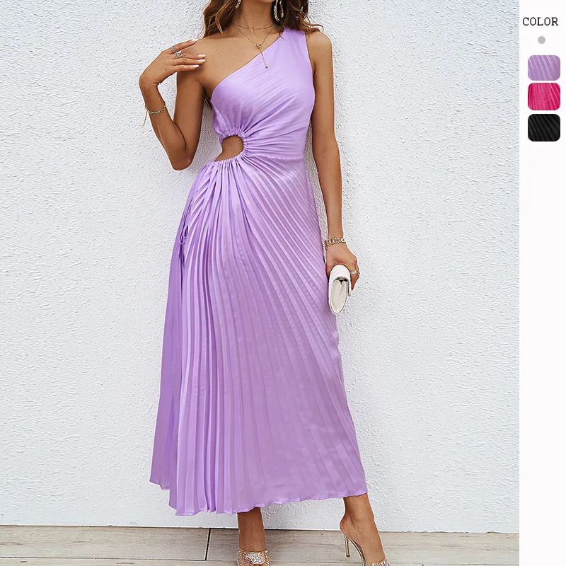Women's Summer Solid Color One-Shoulder Diagonal Neck Dresses Pleated Hollow Dress
Women's Summer Solid Color One-Shoulder Diagonal Neck Dresses Pleated Hollow Dress